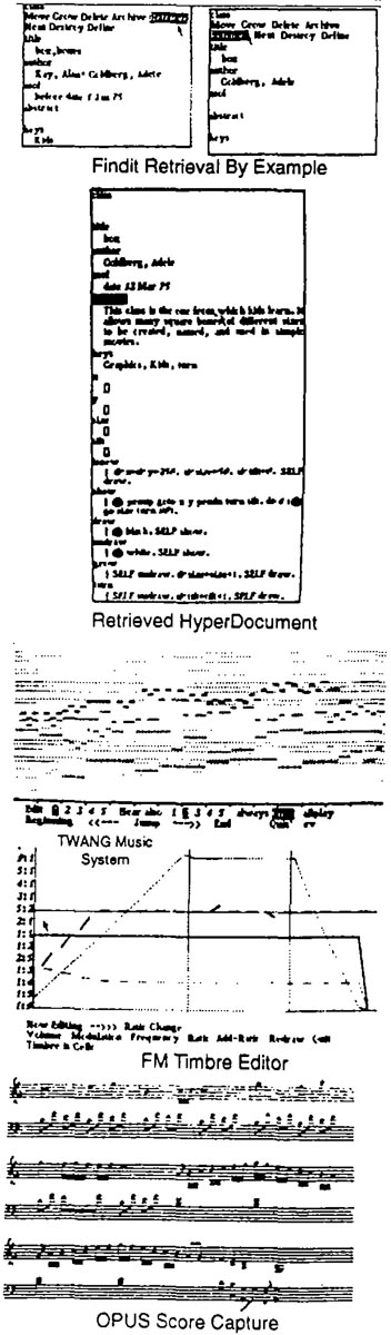Findit Retrieval By Example, Retrieved HyperDocument, FM Timbre Editor, OPUS Score Capture