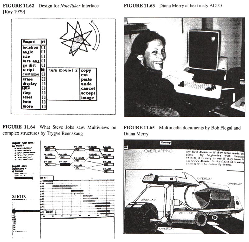 Design for NoteTaker interface [Ka 79], What Steve Jobs saw, Multiviews on complex structure by Trygive Reeskaug (above) Multimedia documents by Bob Flegal and Dlana Merry (below)